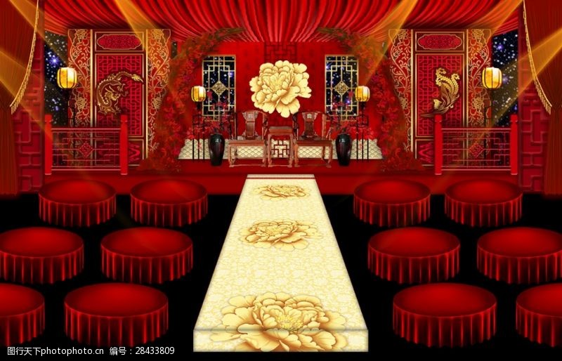 扶手栏杆红色中式喜字花艺龙凤拉顶婚礼主背景效果图