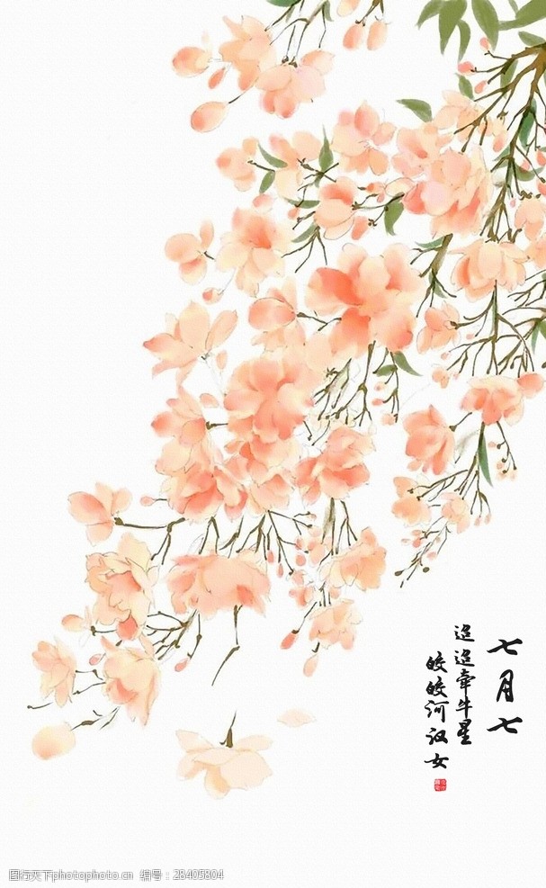 水墨七夕节古风手绘樱花