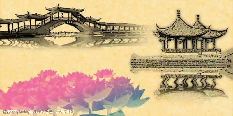 风景合成中国风淡黄水墨建筑视频素材