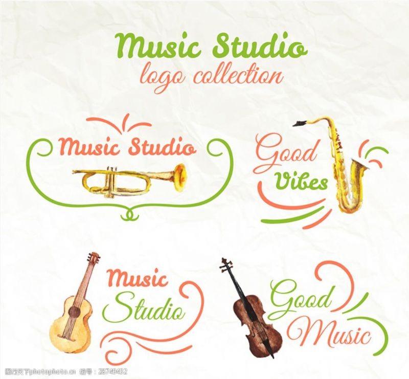 音乐小图标4款彩绘乐器音乐工作室标志