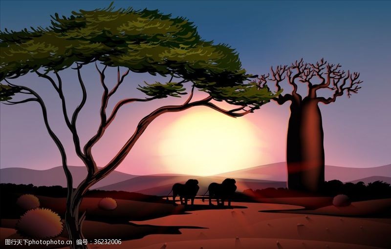 舞台卡通树非洲平原日落