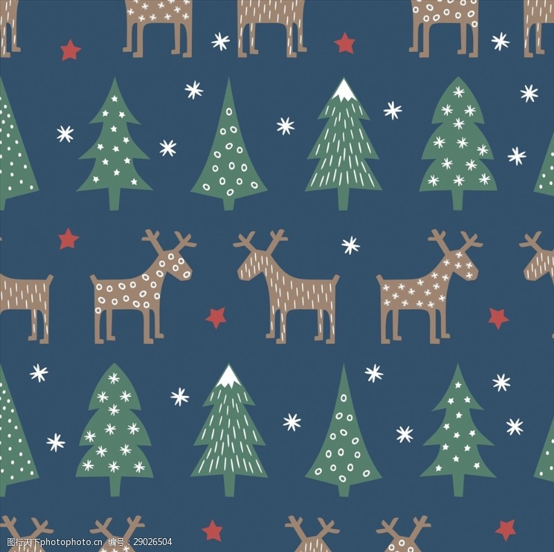 圣诞印花面料鹿剪影大树四方连续底纹
