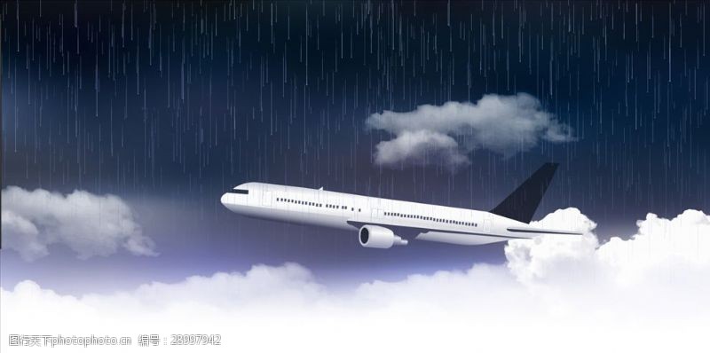 阴雨天雨天云层中飞行的飞机矢量图