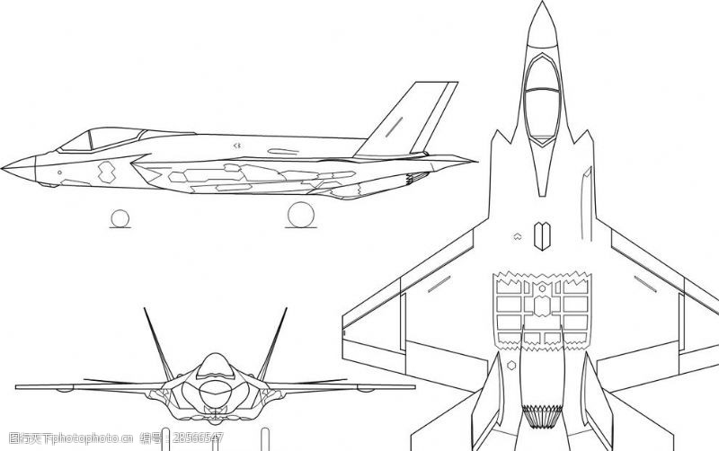 电阻隐身战机F35C矢量三视图线稿