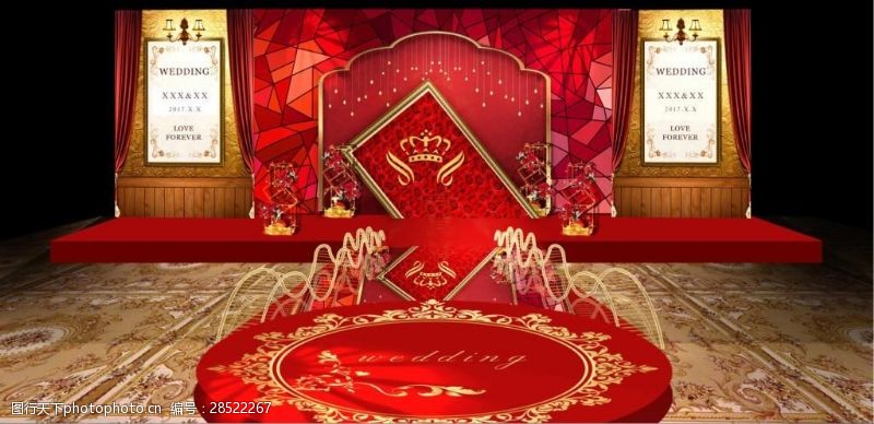 欧式舞台红金婚礼主舞台效果图设计