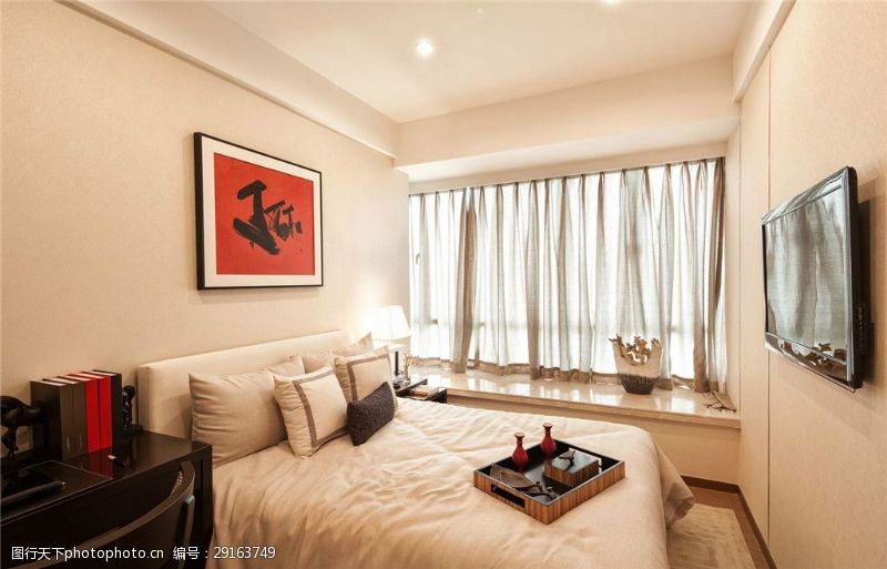 床头现代清新卧室红色挂画室内装修效果图