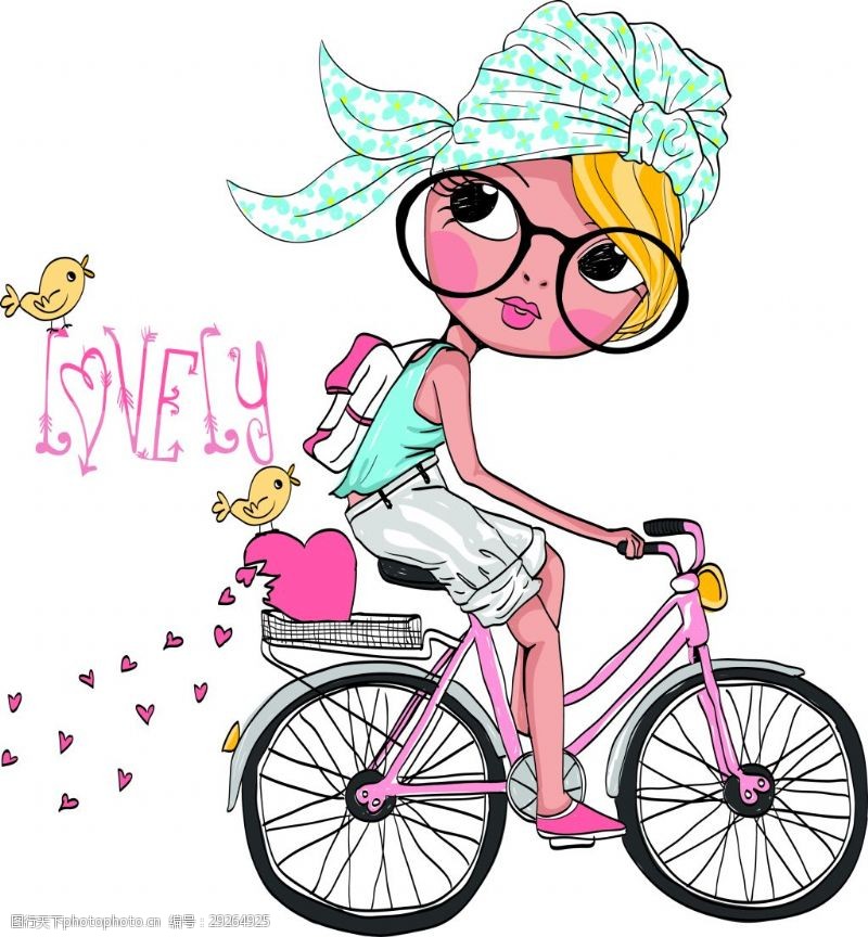小女生手绘时尚骑自行车的女生