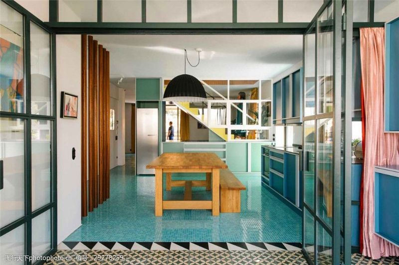 时尚装修现代时尚客厅蓝绿色地板室内装修效果图