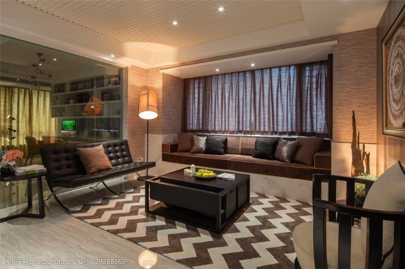 时尚装修现代时尚客厅褐色波浪纹地毯室内装修效果图