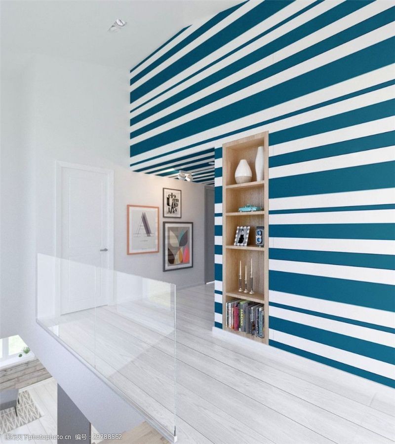 时尚装修现代时尚客厅白蓝条纹背景墙室内装修效果图