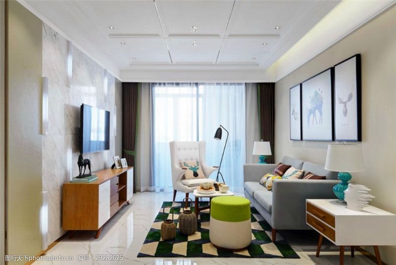 时尚装修现代时尚客厅双色格子地毯室内装修效果图