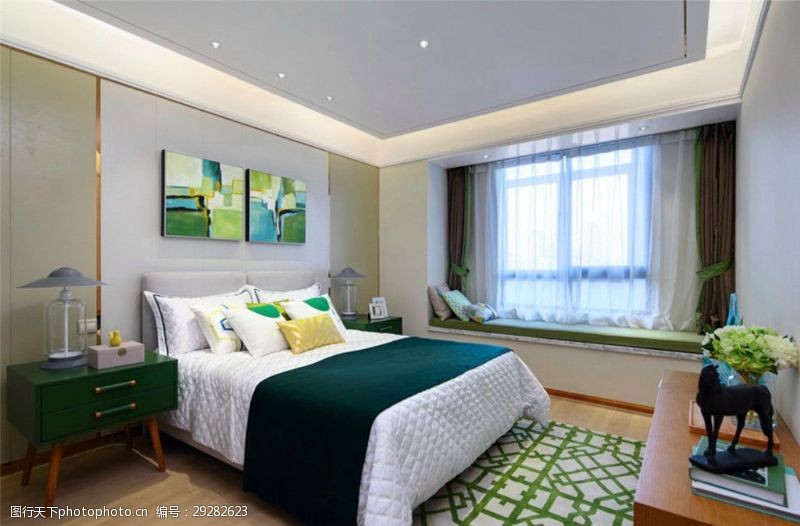 时尚装修现代时尚卧室绿色花纹地毯室内装修效果图