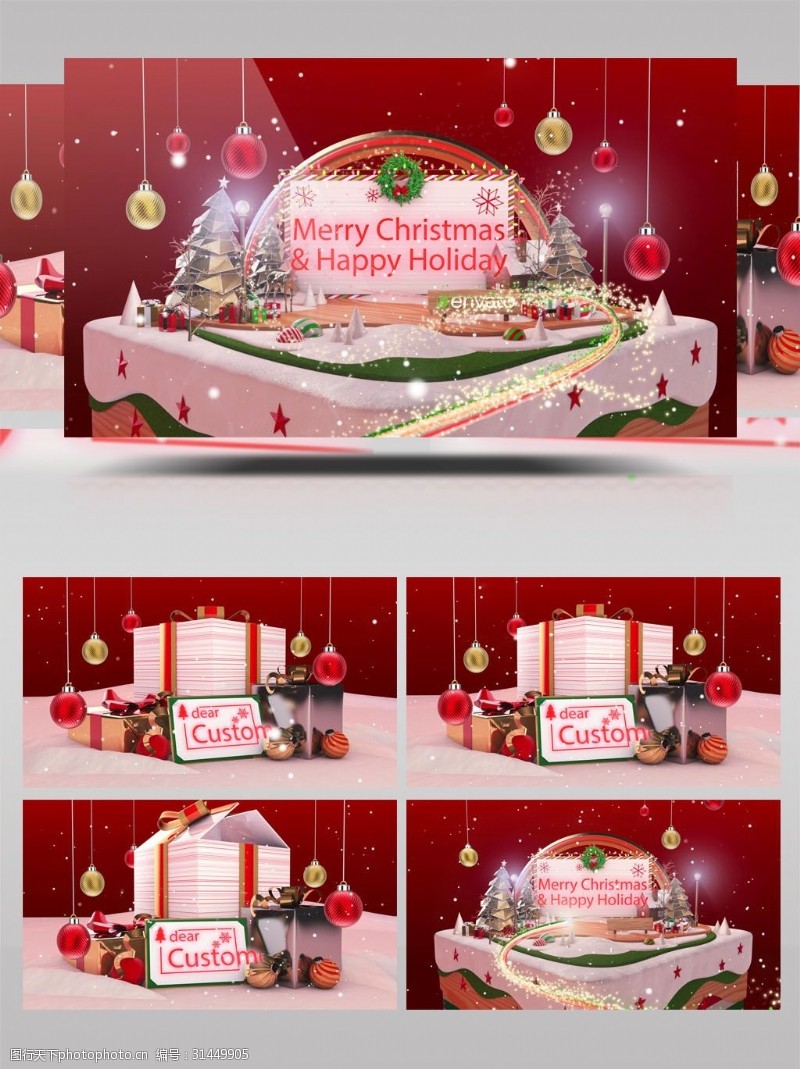 3d圣诞节装着圣诞贺卡的礼物盒子打开动画ae模板