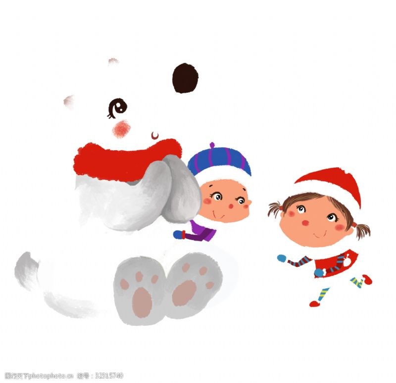 户外玩耍小朋友冬日堆雪人手绘卡通