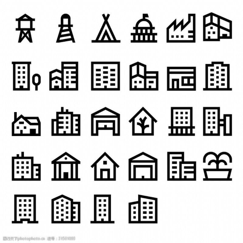商务公寓23枚建筑物的线性图标