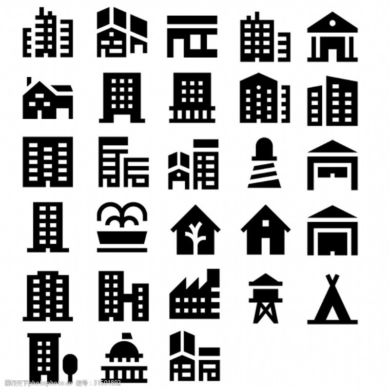 商务公寓23枚建筑物黑色实心图标
