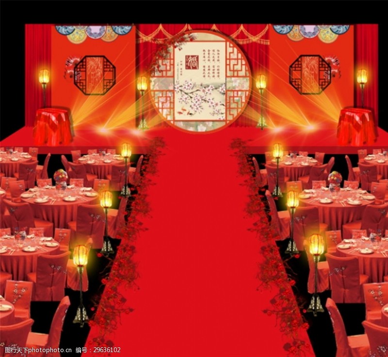 龙风呈祥红色中式婚礼舞台设计