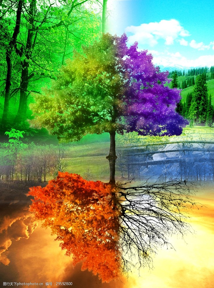 抽象油画画屏彩色树