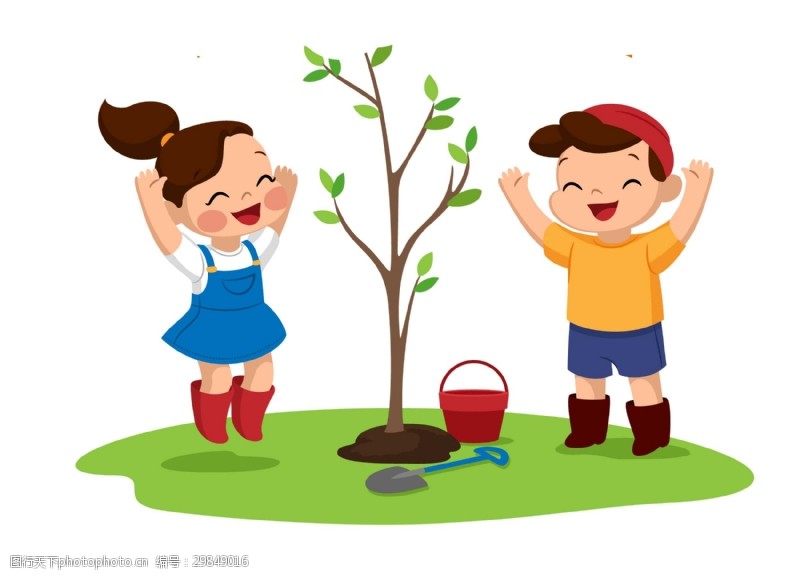 春天卡通卡通学生植树种树png元素