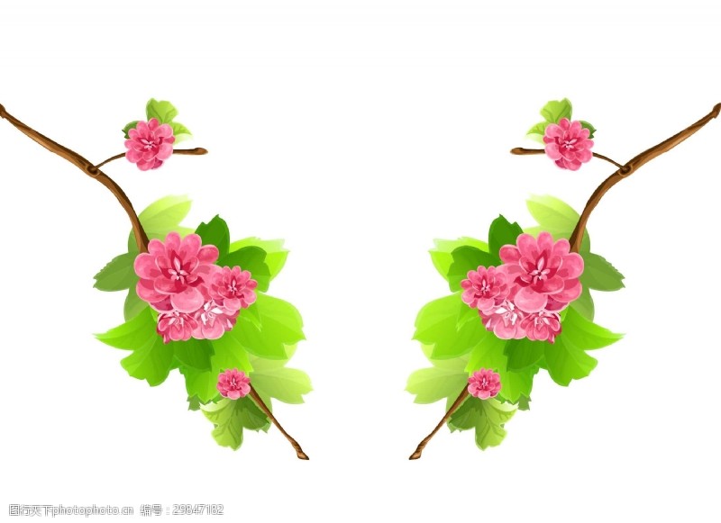 春天卡通卡通绿色叶子粉色花朵png元素