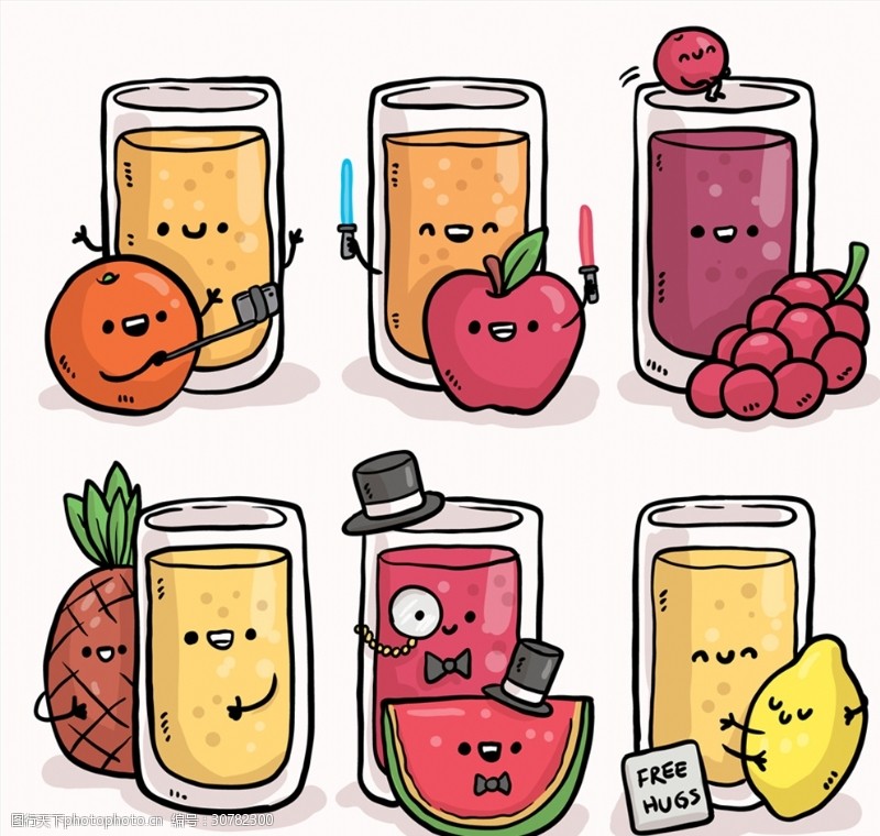 卡通菠萝矢量图手绘表情杯装果汁和水果矢量素材