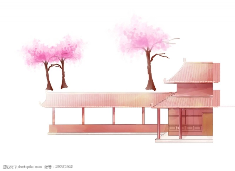 春天卡通卡通日式建筑粉色花树png元素