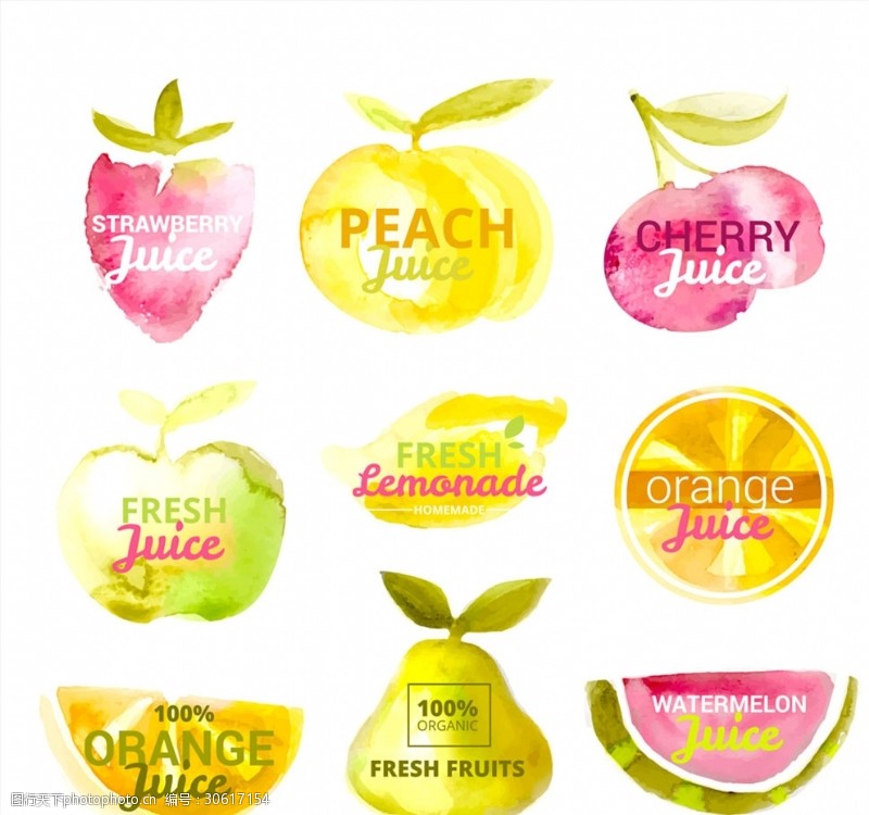 梨标签9款水彩绘水果汁标签矢量图