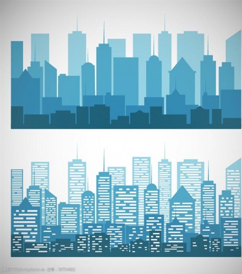 黑白意境城市蓝色剪影合集矢量素材