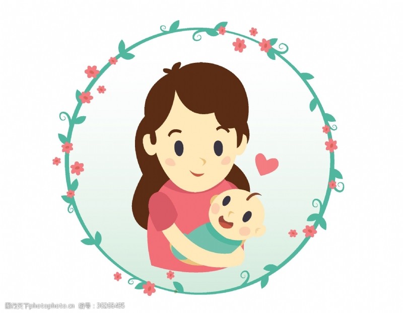 圆环手绘卡通母亲节素材妈妈怀抱宝宝矢量图