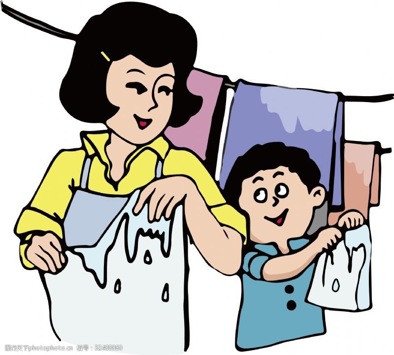 卡通家长孩子母亲节促销母爱感恩感谢孝顺孩子帮妈妈洗衣服卡通形象