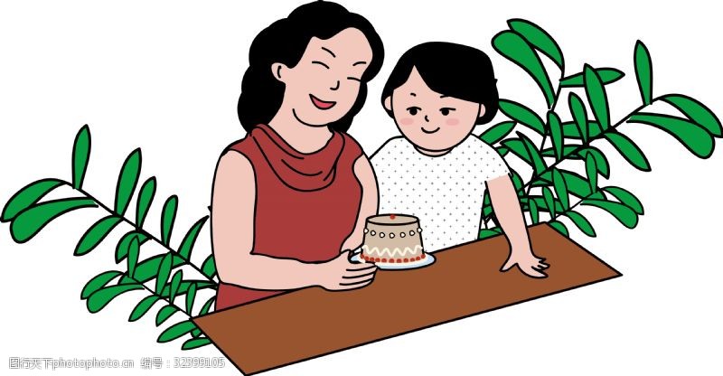母亲和孩子母亲节庆祝感恩母亲促销折扣妈妈和孩子拿蛋糕卡通形象