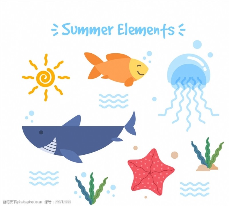 彩色动物图标5款彩色夏季动植物矢量素材