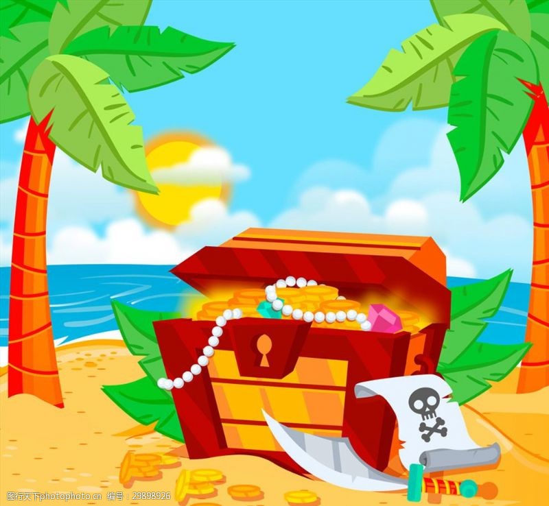 金币箱子创意岛屿沙滩上的宝箱矢量素材