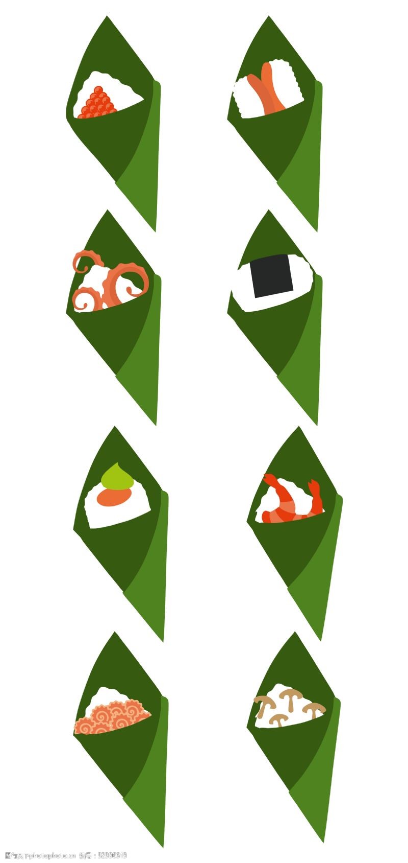 绿色的粽子卡通矢量多口味寿司.