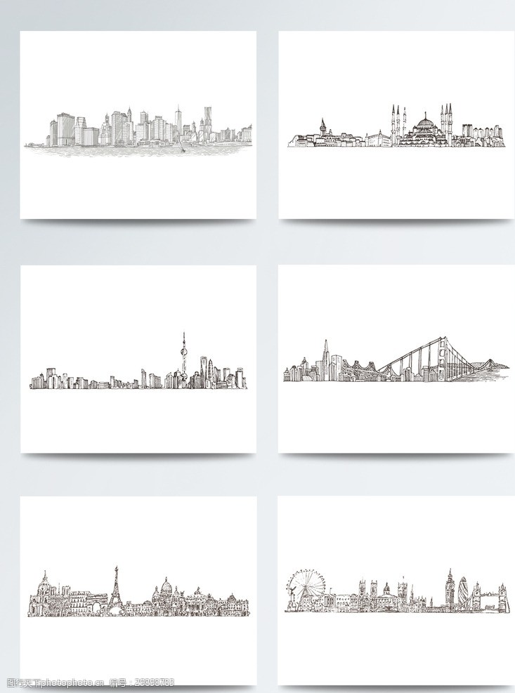 文明城市背景手绘线稿城市建筑元素
