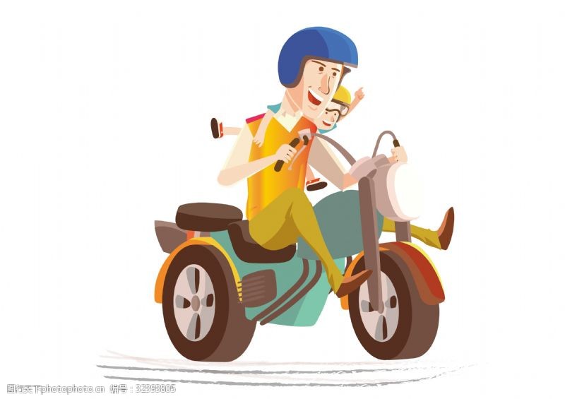 卡通家长孩子卡通骑摩托车的快乐父子