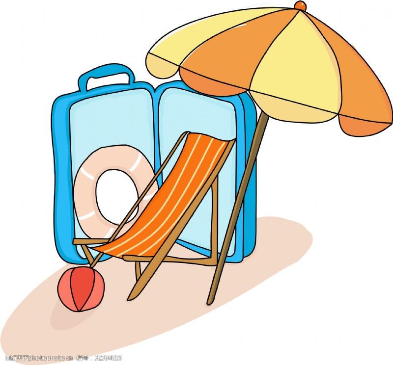 圈椅夏日沙滩旅行海岸沙滩椅遮阳伞游泳圈行李箱AI