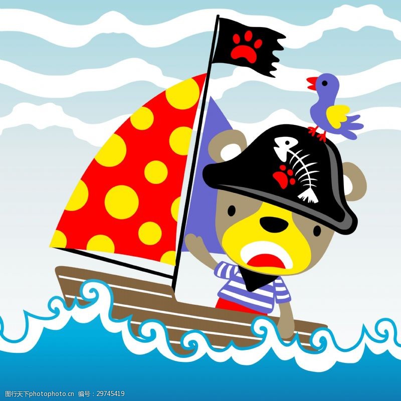 儿童海盗船小熊海上帆船可爱卡通图