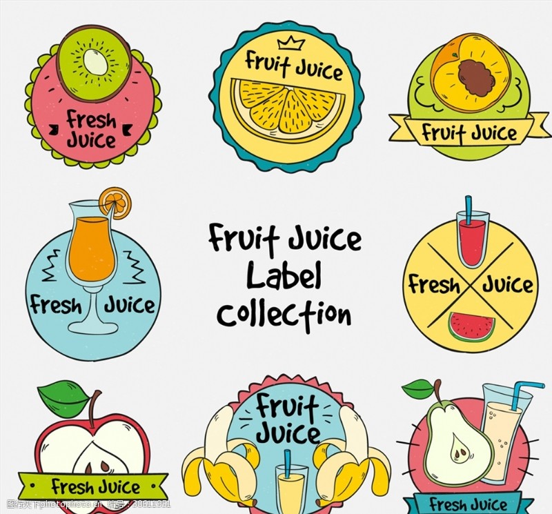梨标签8款手绘水果汁标签矢量素材
