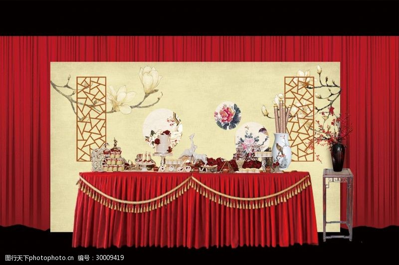 中国风红色中式婚礼甜品区工装婚礼效果图