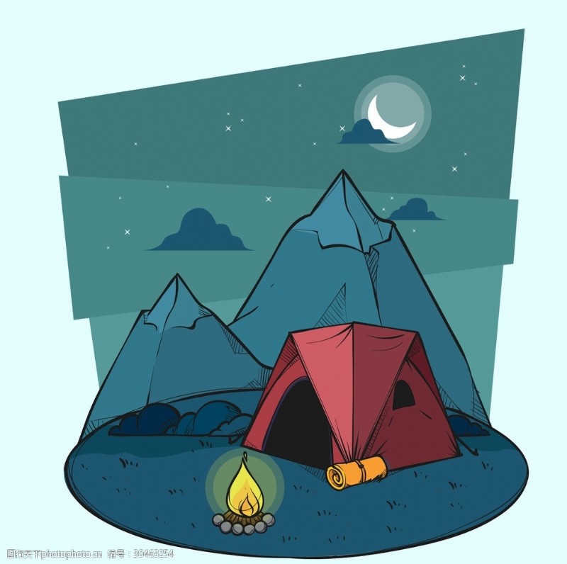 夏令营开营手绘夜里在山丘边搭帐篷篝火插画