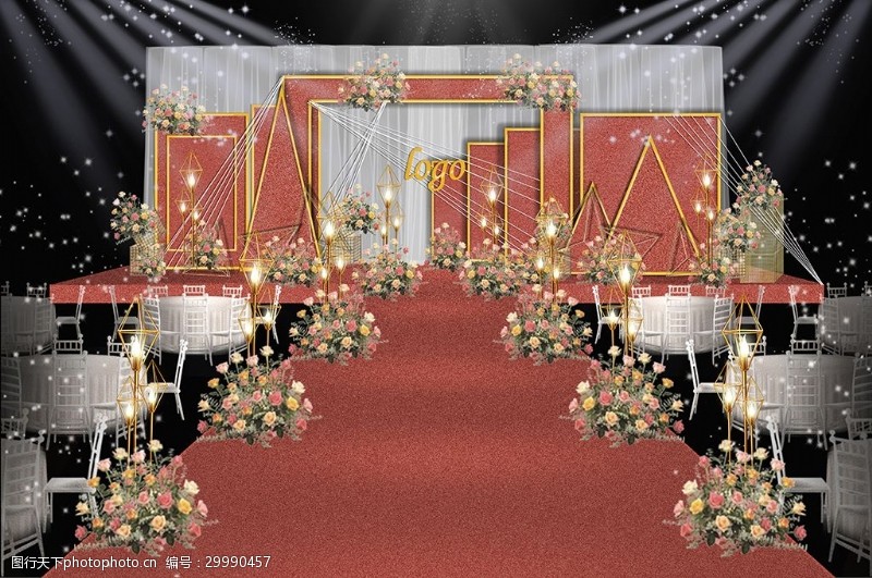 石幔红色质感创意几何婚礼舞台效果图