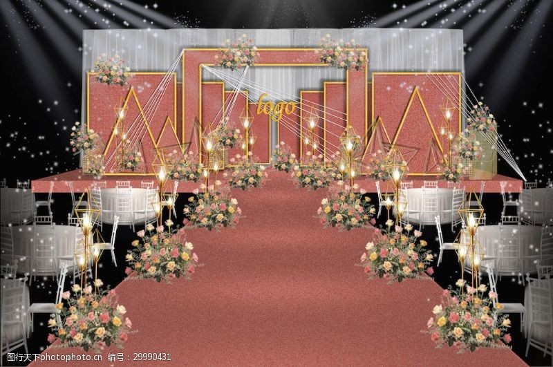 石幔红金色质感创意几何婚礼舞台效果图