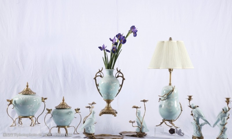 家居装饰素材欧美蓝色玻璃花瓶摆件组合图