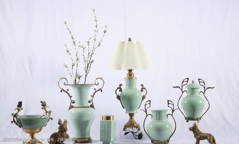 家居装饰素材欧美陶瓷台灯花瓶纯铜兔摆件