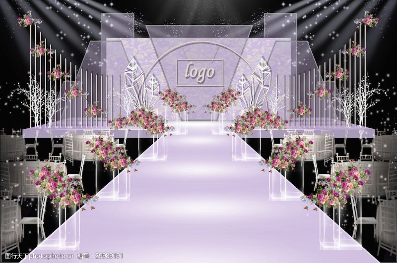 玫红树叶紫色亚克力婚礼舞台效果图