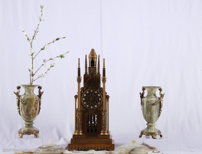家居装饰素材创意陶瓷配铜花瓶时钟摆件图