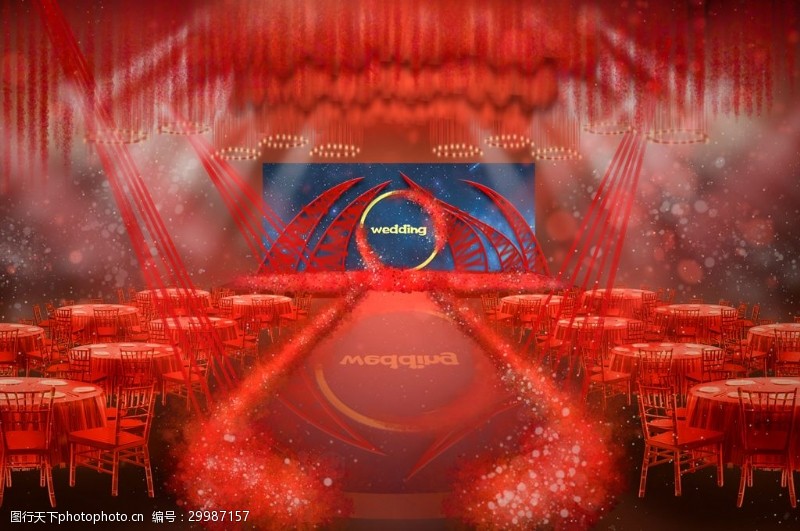 中式婚礼红色中式舞台弧形婚礼效果图