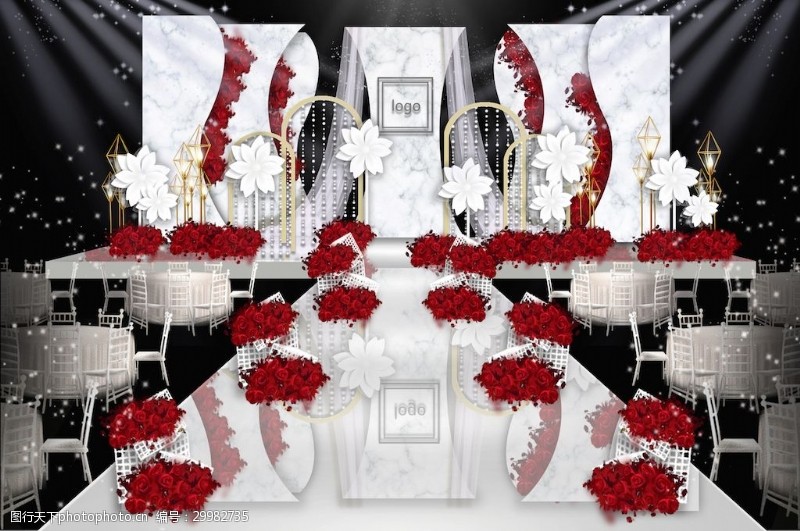 石幔红白色系大理石纹小清新婚礼舞台效果图