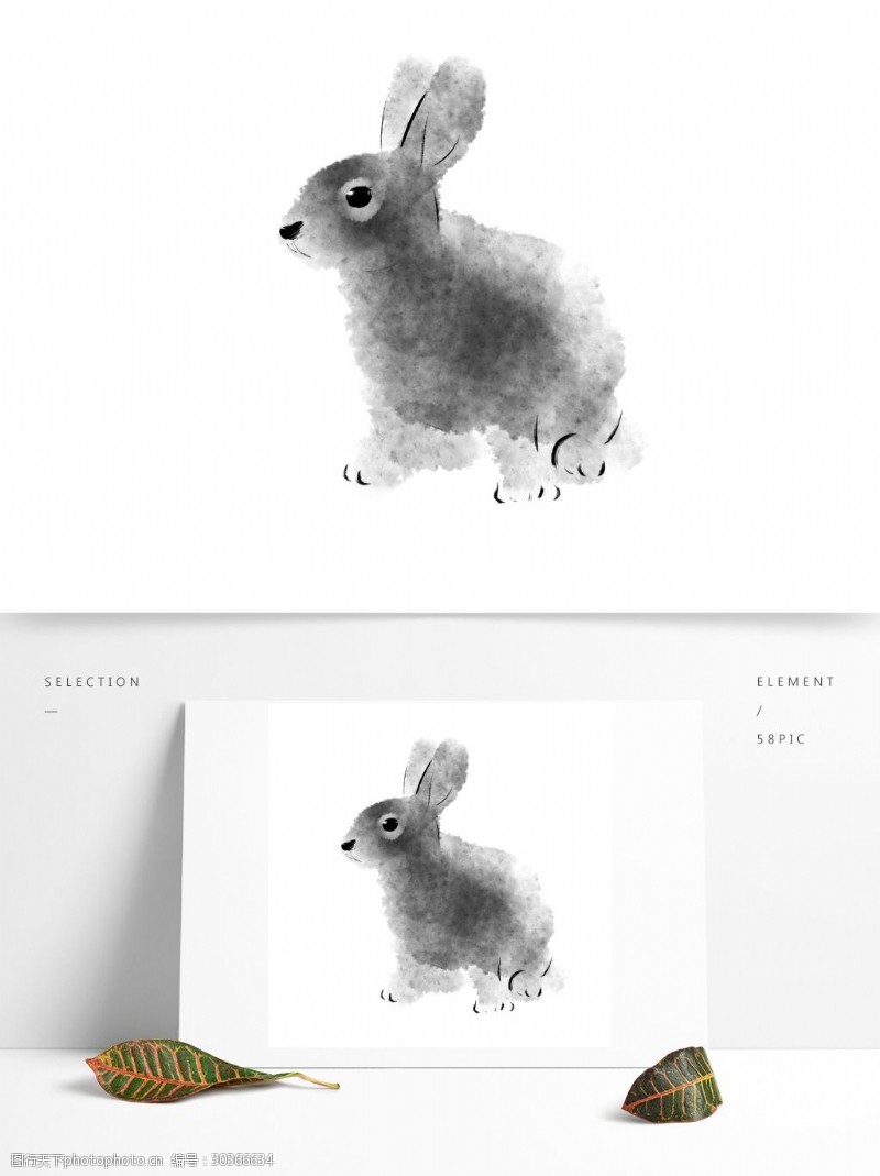 水墨动物小兔子中国画写意水墨风月兔玉兔